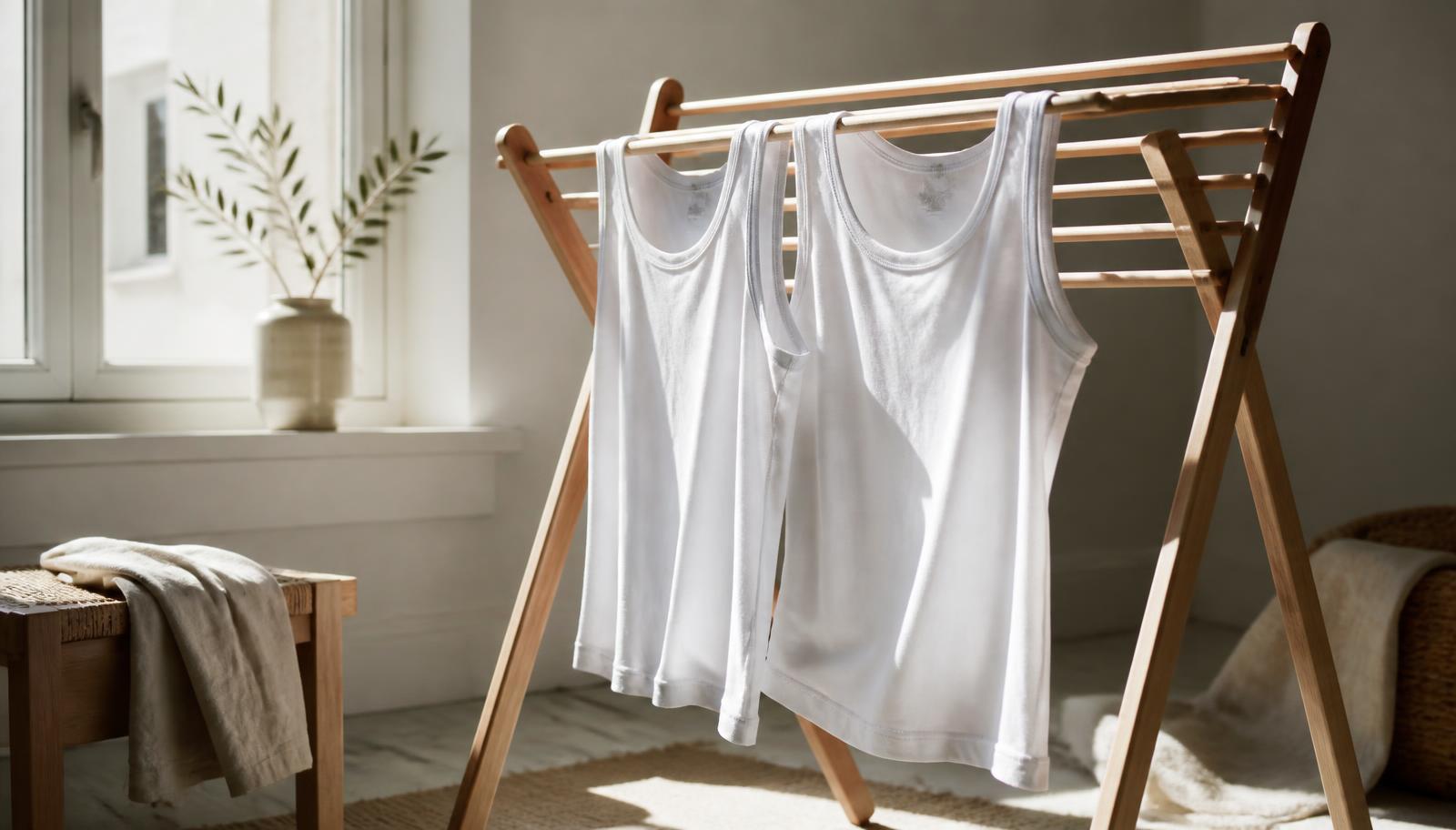 Débardeur blanc impeccable plié près d'un bol de bicarbonate de soude